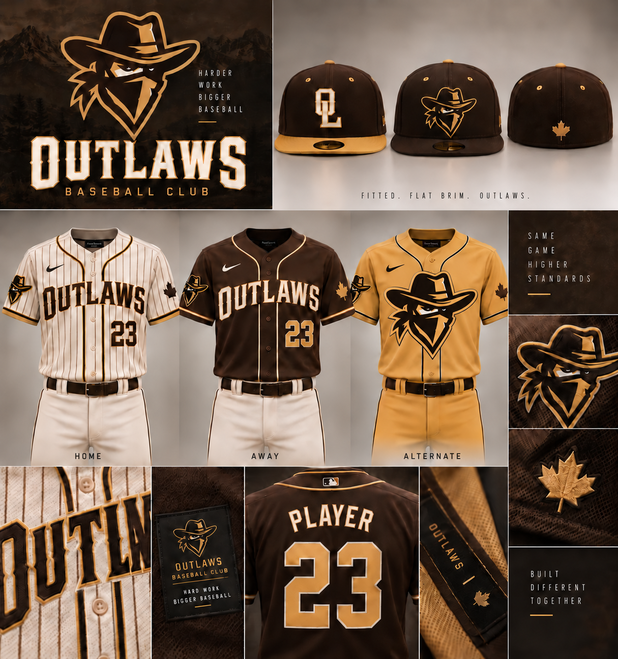 Outlaws cream, brown and gold uniforms, caps and identity details